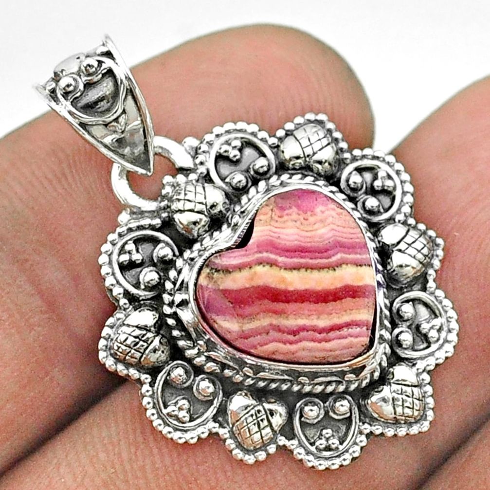 5.07cts natural pink rhodochrosite inca rose 925 silver heart pendant t56220