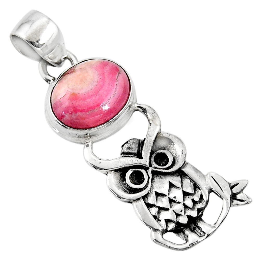 5.38cts natural pink rhodochrosite inca rose 925 silver owl pendant r52925