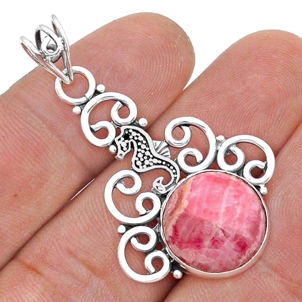 12.37cts natural pink rhodochrosite inca rose 925 silver seahorse pendant u67604