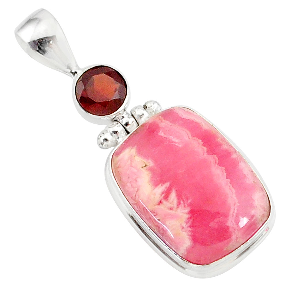 15.65cts natural pink rhodochrosite rose (argentina) 925 silver pendant r87589