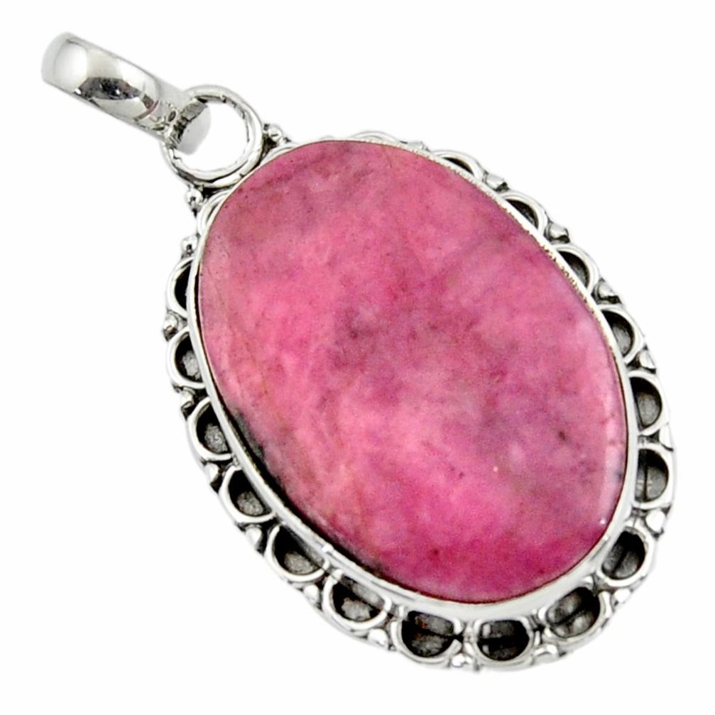 15.43cts natural pink rhodonite in black manganese 925 silver pendant r44628