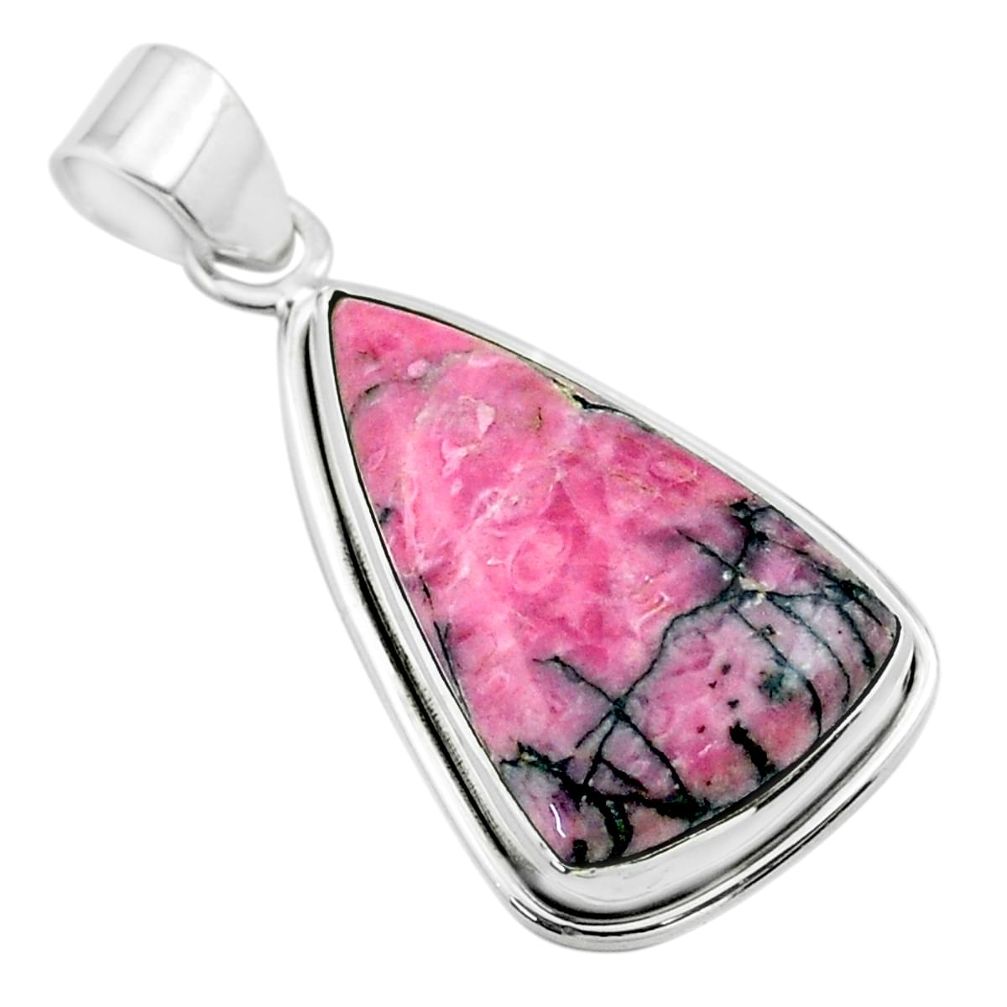 15.02cts natural pink rhodonite in black manganese 925 silver pendant t53564