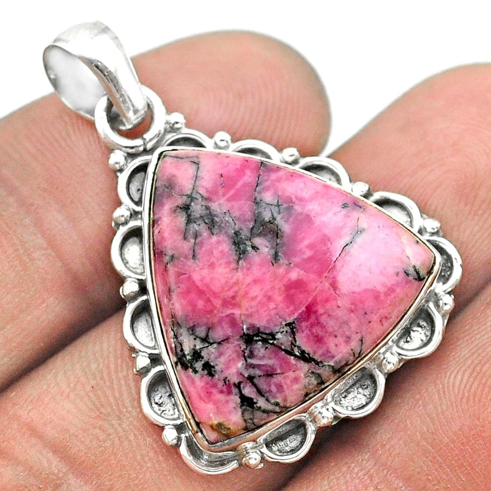 16.54cts natural pink rhodonite in black manganese 925 silver pendant t53687