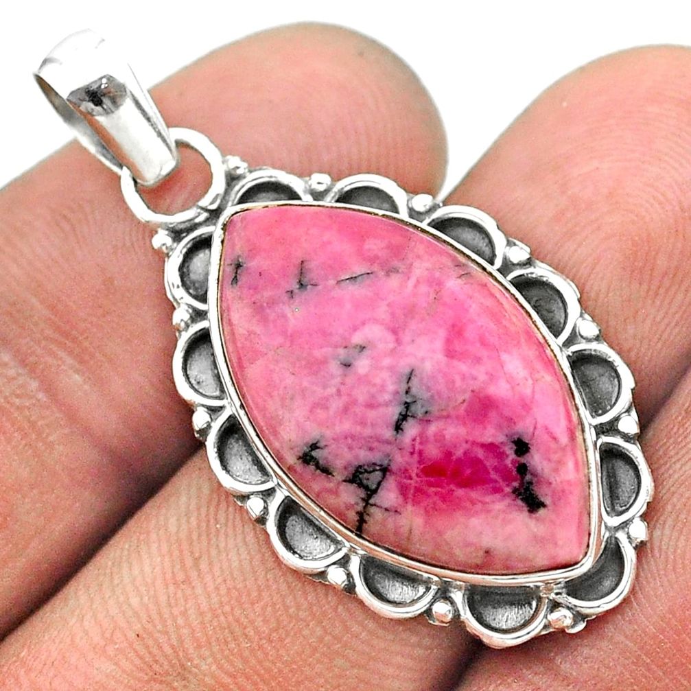 14.45cts natural pink rhodonite in black manganese 925 silver pendant t53689