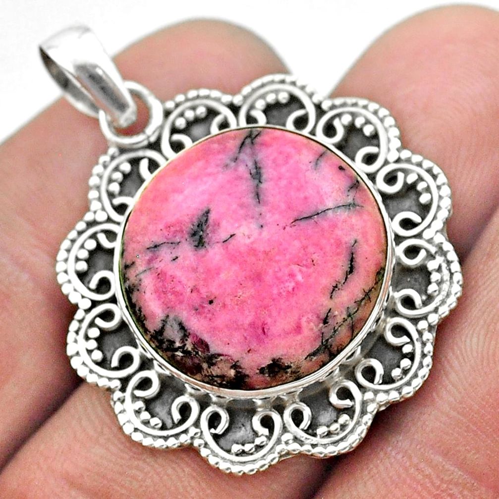 17.69cts natural pink rhodonite in black manganese 925 silver pendant t53696