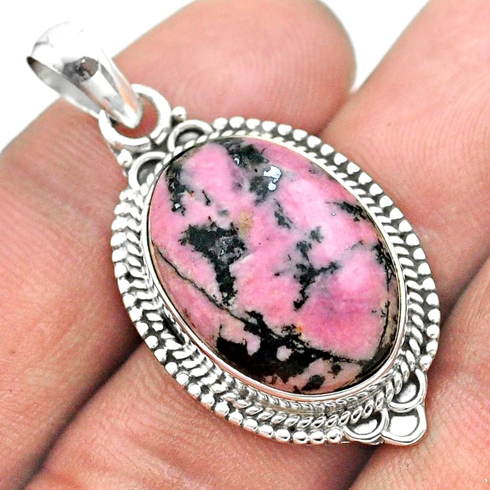 15.85cts natural pink rhodonite in black manganese 925 silver pendant t53699