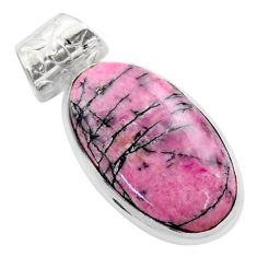 18.15cts natural pink rhodonite in black manganese 925 silver pendant t77489
