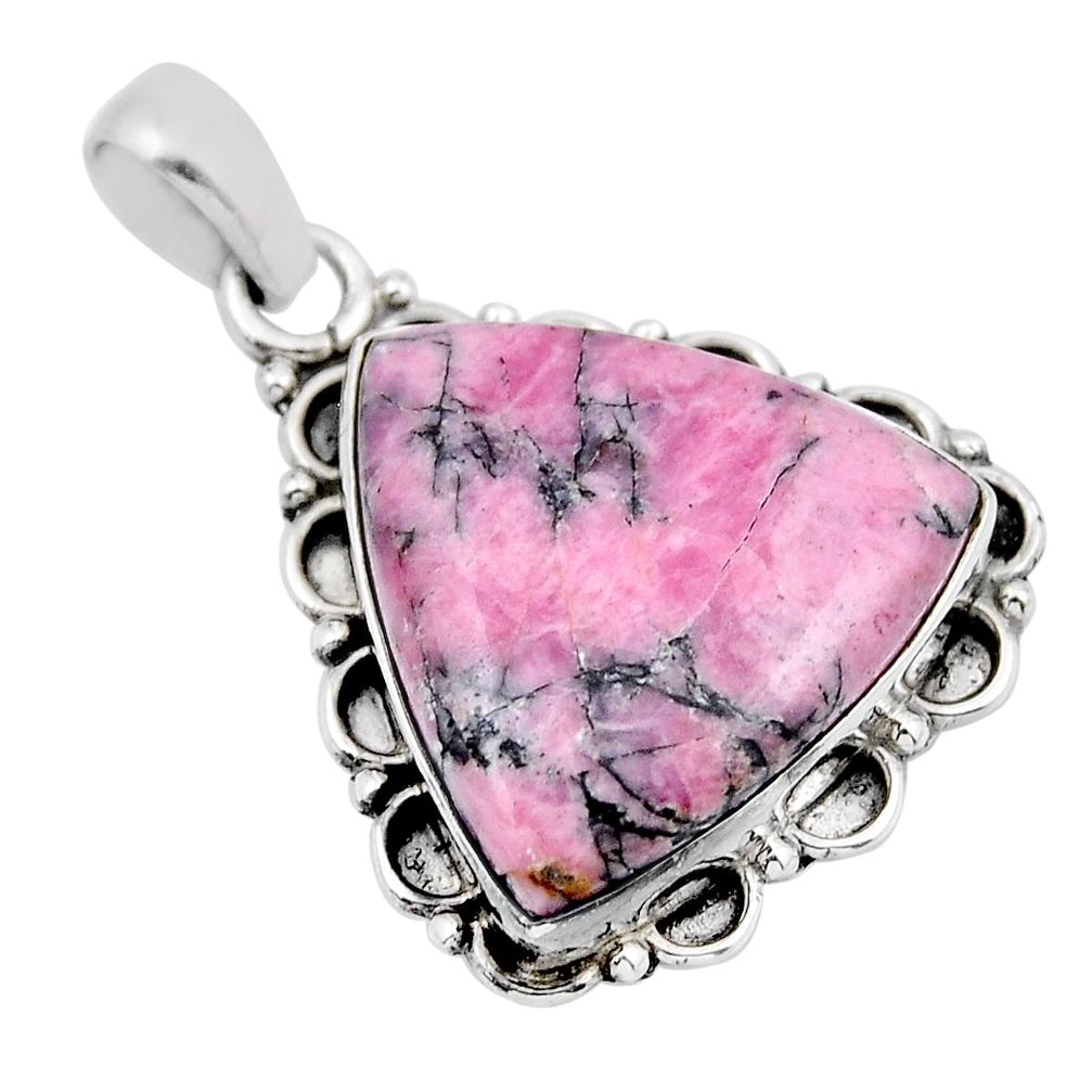 15.85cts natural pink rhodonite in black manganese 925 silver pendant y44041