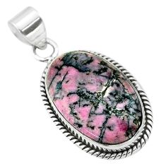 15.65cts natural pink rhodonite in black manganese oval silver pendant t53570