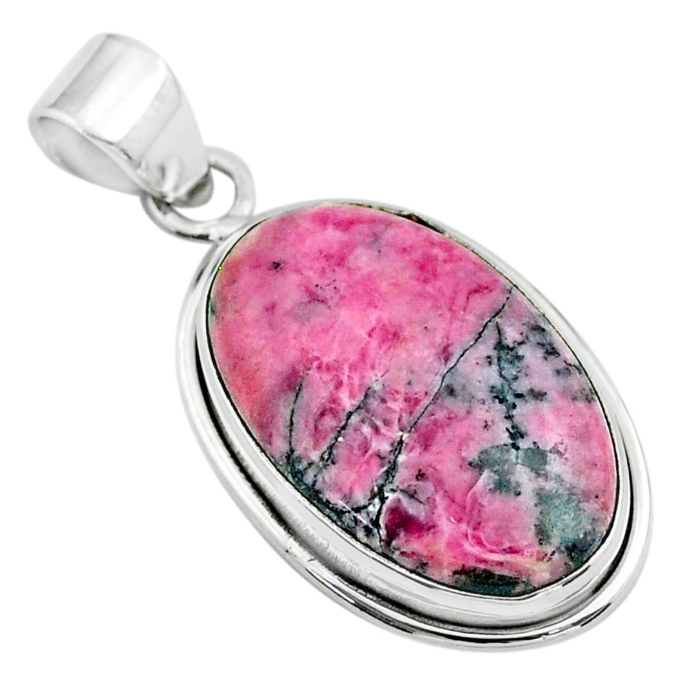 16.62cts natural pink rhodonite in black manganese oval silver pendant t53575