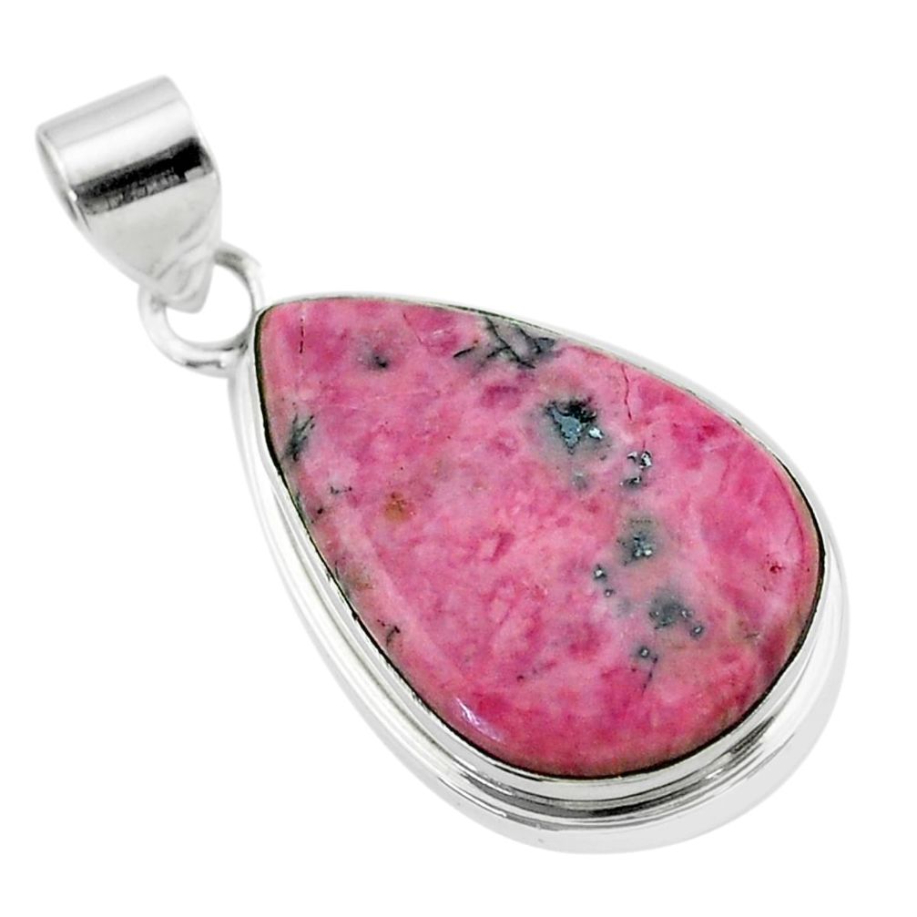 17.95cts natural pink rhodonite in black manganese pear silver pendant t53576