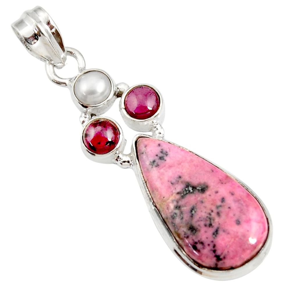  pink rhodonite in black manganese pearl silver pendant d44210