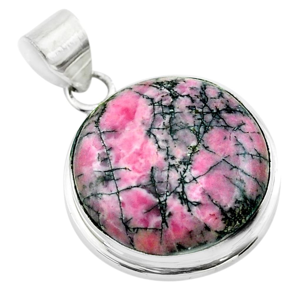 20.83cts natural pink rhodonite in black manganese round silver pendant t53574