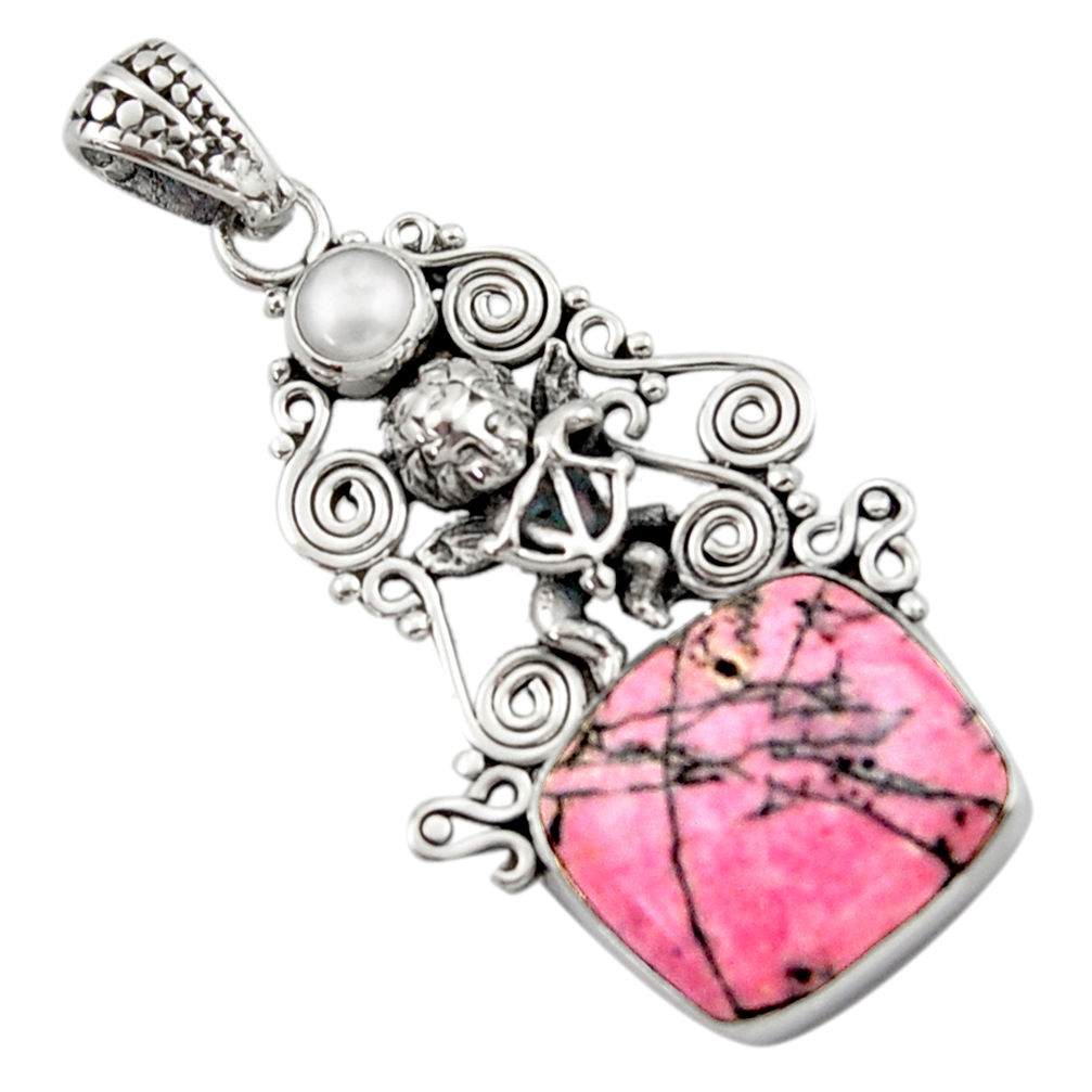 15.76cts natural pink rhodonite in black manganese silver angel pendant d46695