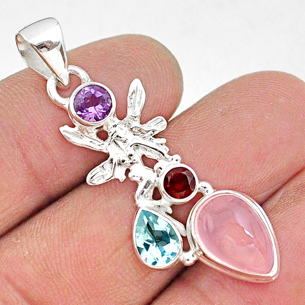 7.15cts natural pink rose quartz 925 silver angel wings fairy pendant r96363