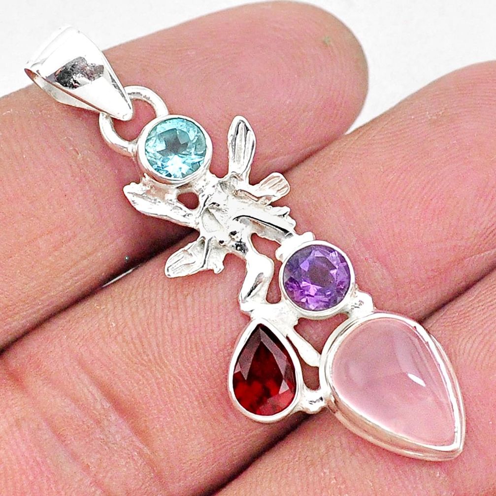 6.70cts natural pink rose quartz 925 silver angel wings fairy pendant r96396