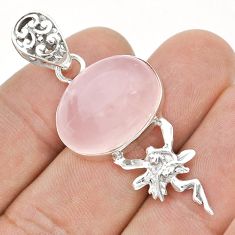 15.62cts natural pink rose quartz 925 silver angel wings fairy pendant u67572