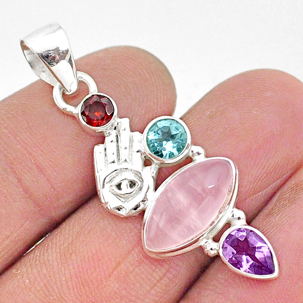 8.53cts natural pink rose quartz 925 silver hand of god hamsa pendant r96379