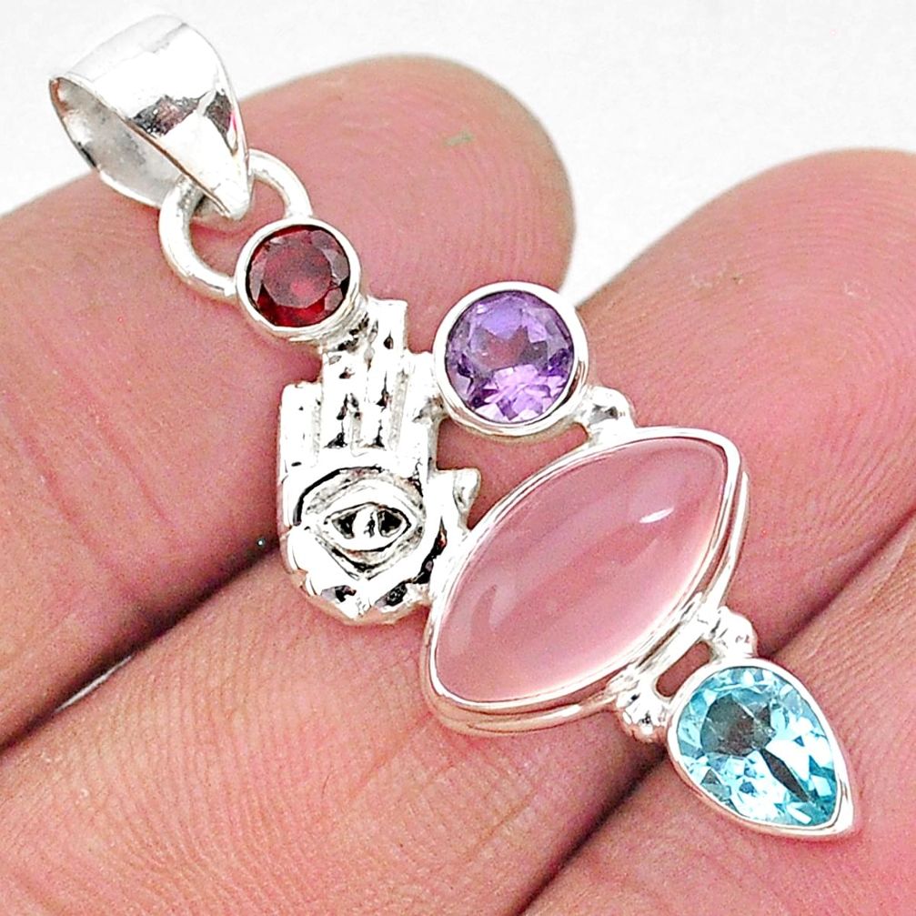 8.28cts natural pink rose quartz 925 silver hand of god hamsa pendant r96388