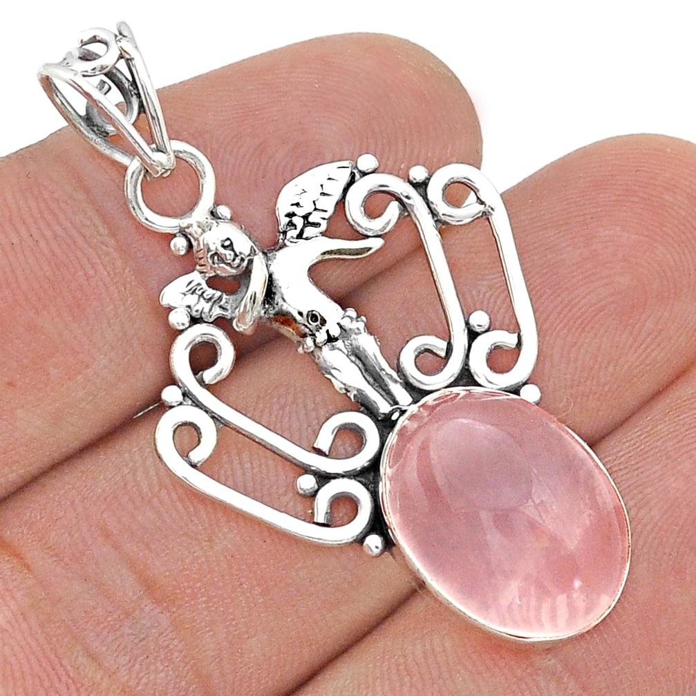 10.96cts natural pink rose quartz 925 sterling silver angel pendant u67606
