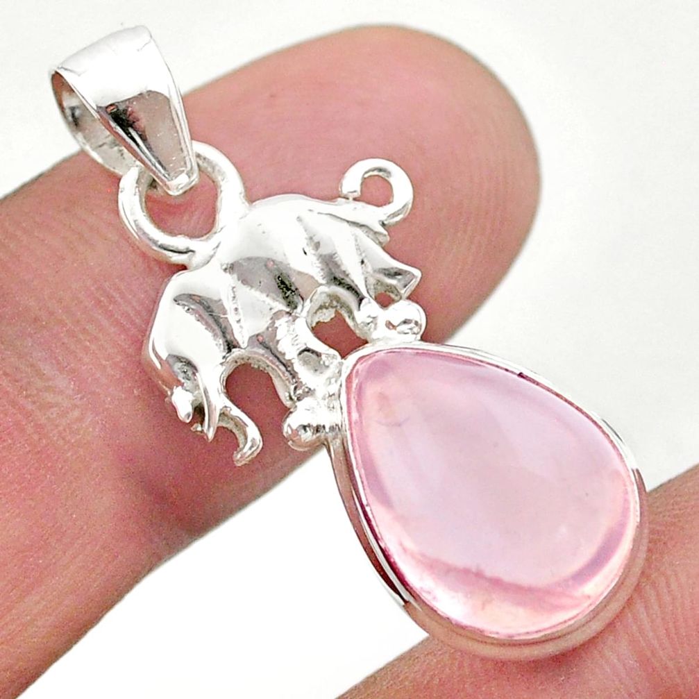 6.72cts natural pink rose quartz 925 sterling silver elephant pendant t45986