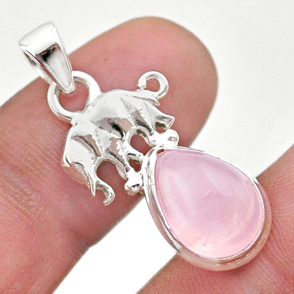 5.03cts natural pink rose quartz 925 sterling silver elephant pendant t45999