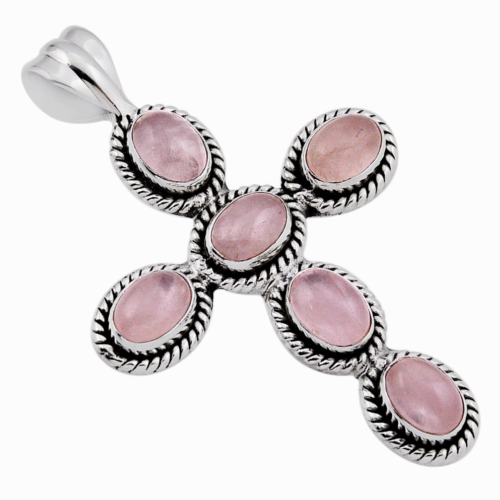 10.44cts natural pink rose quartz 925 sterling silver holy cross pendant n39053