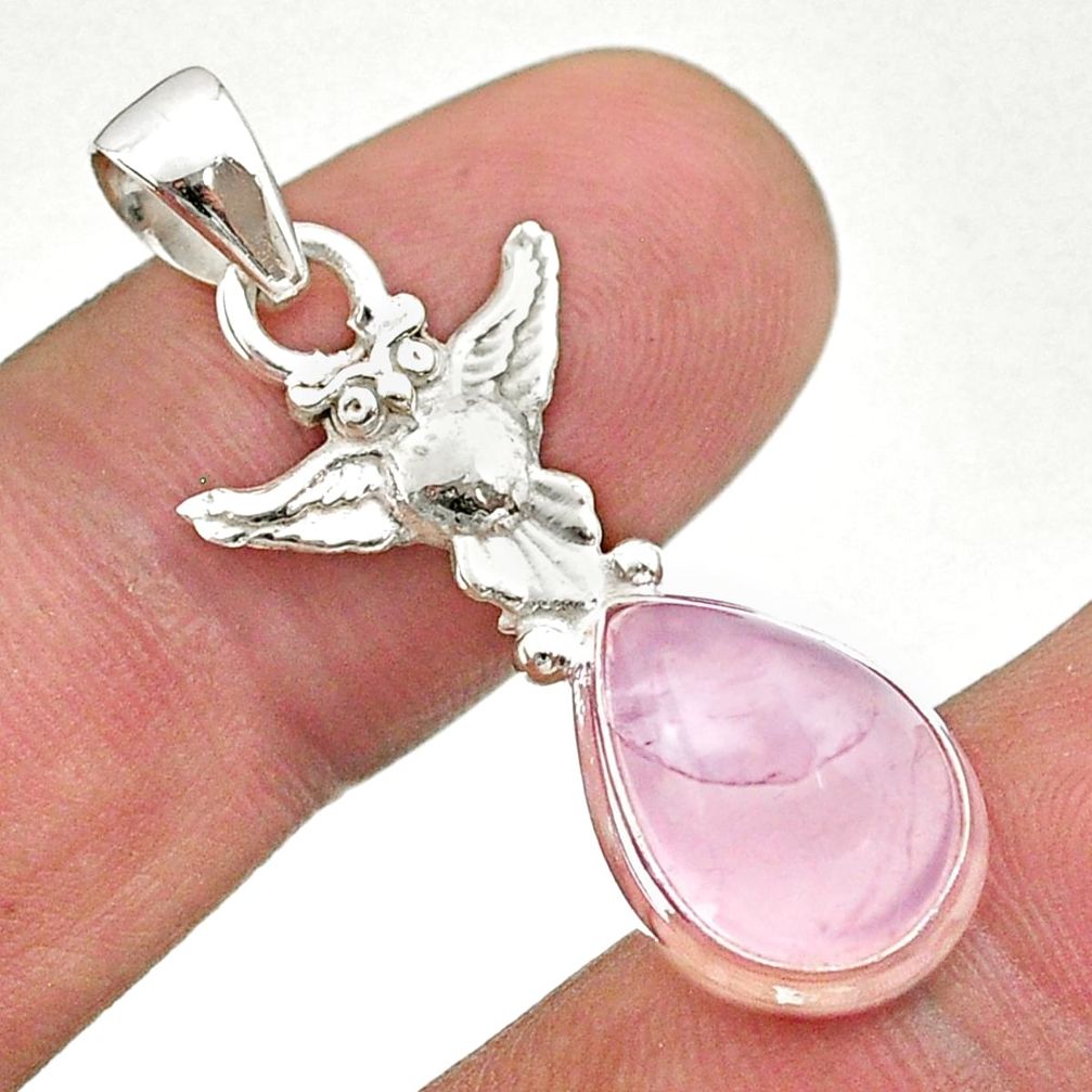 5.23cts natural pink rose quartz 925 sterling silver owl pendant jewelry t47151