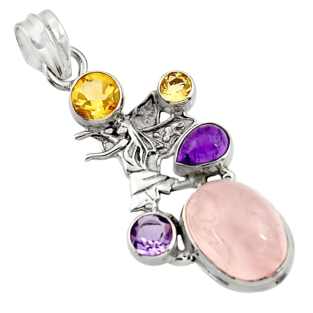 10.33cts natural pink rose quartz amethyst 925 silver angel pendant d43531