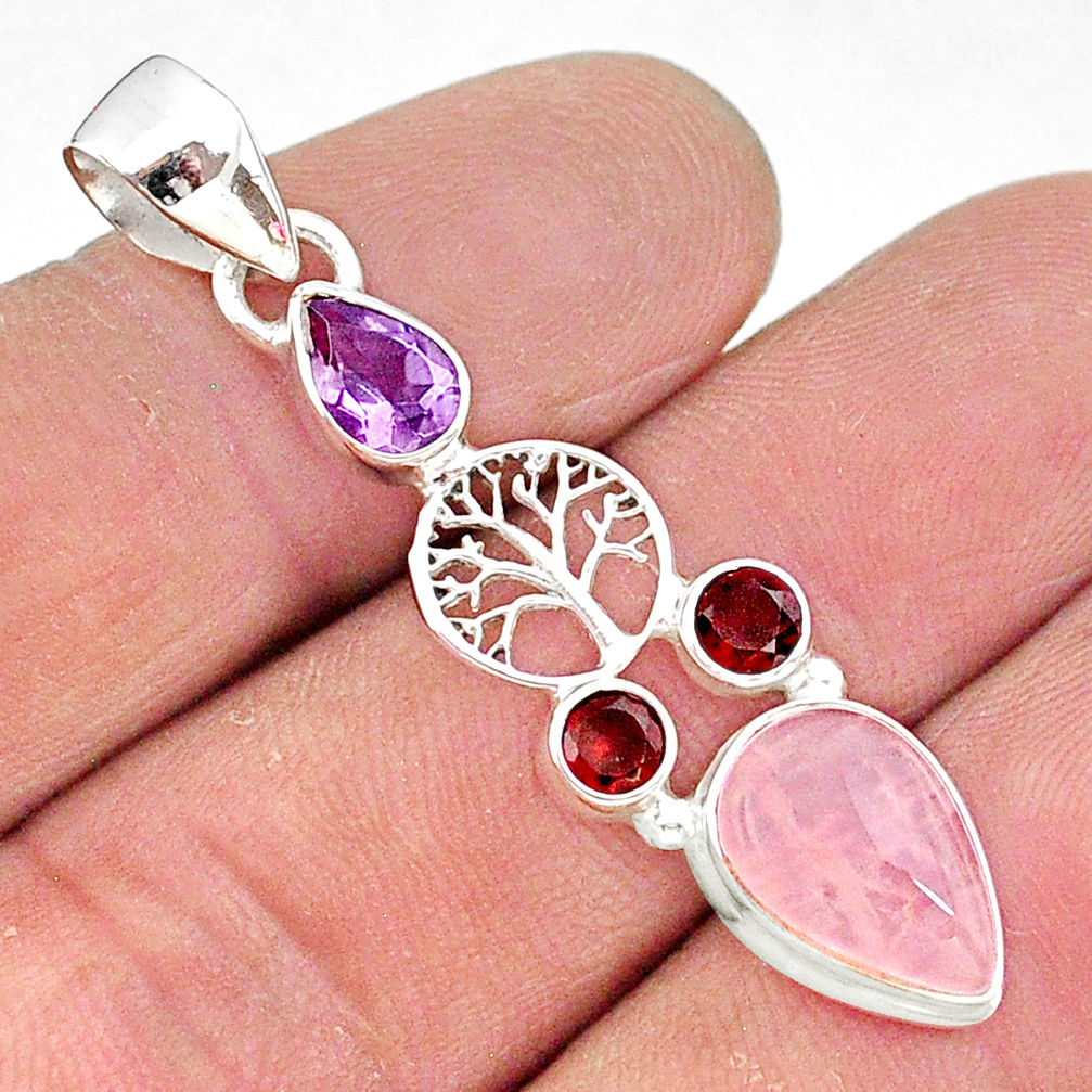 6.45cts natural pink rose quartz amethyst 925 silver tree of life pendant r96362