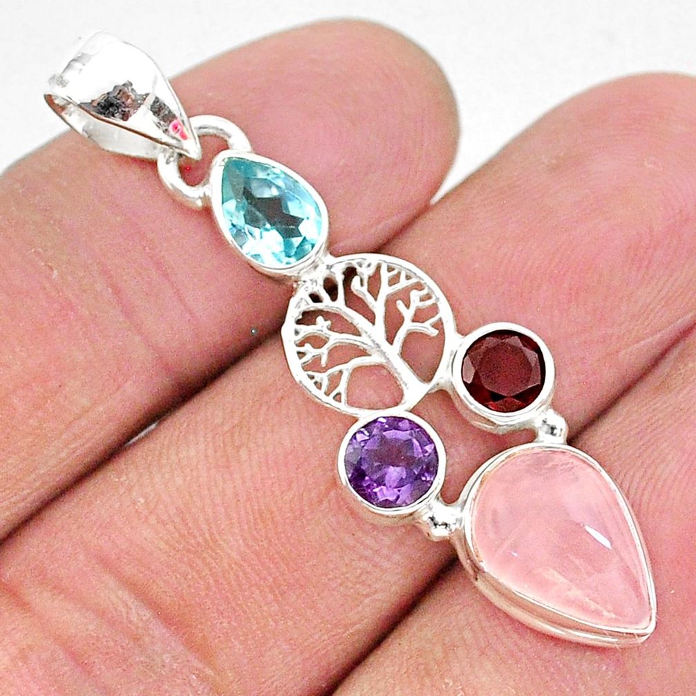 7.97cts natural pink rose quartz amethyst 925 silver tree of life pendant r96381