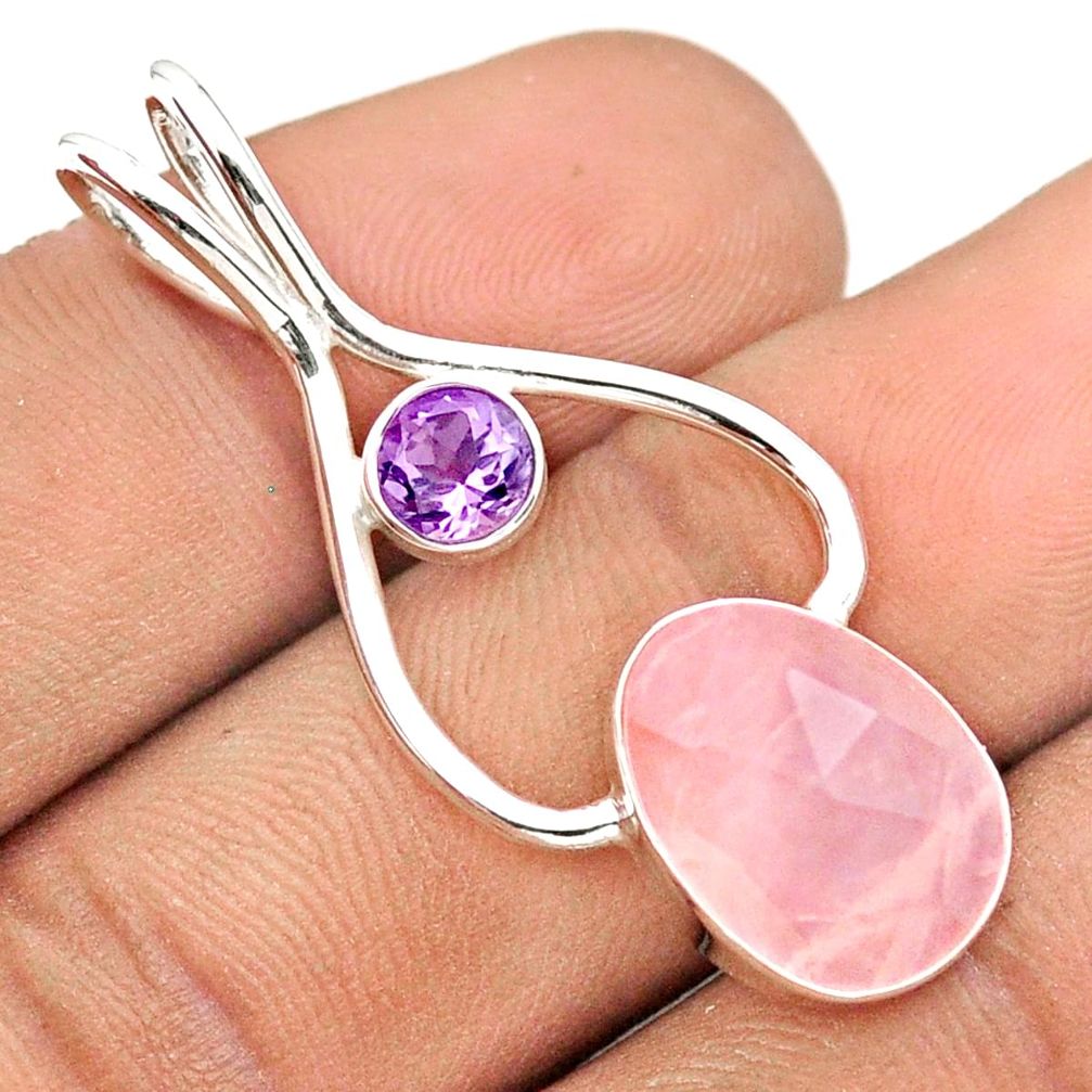 6.31cts natural pink rose quartz amethyst 925 sterling silver geometric pendant u13875