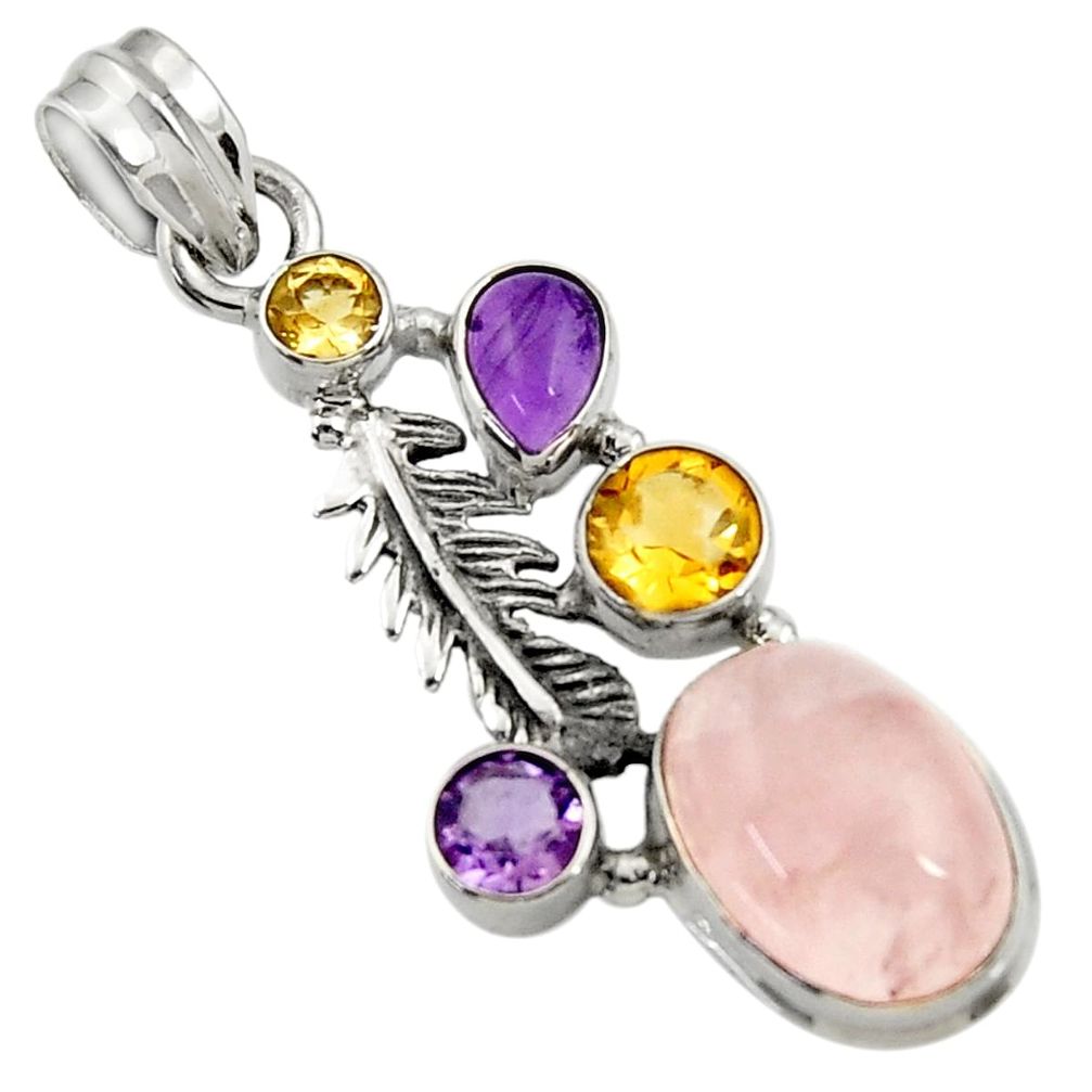 10.54cts natural pink rose quartz amethyst citrine 925 silver pendant d43532