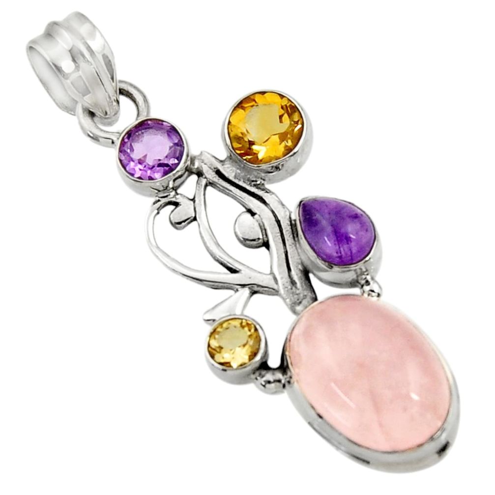 10.30cts natural pink rose quartz amethyst citrine 925 silver pendant d43534