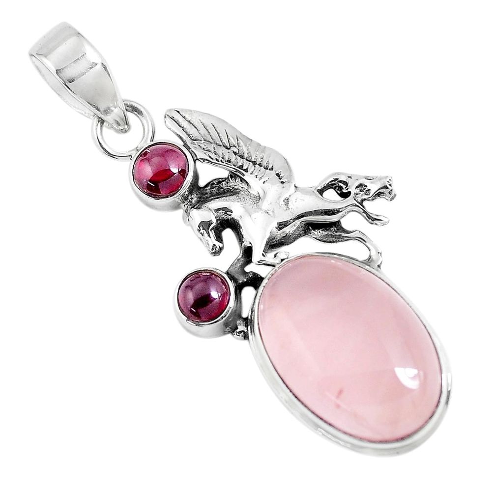  pink rose quartz garnet 925 silver horse pendant p47281