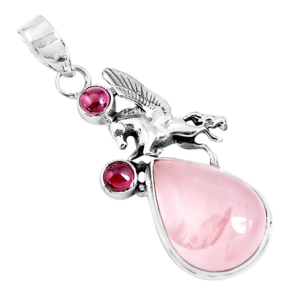 18.51cts natural pink rose quartz garnet 925 silver horse pendant p47289