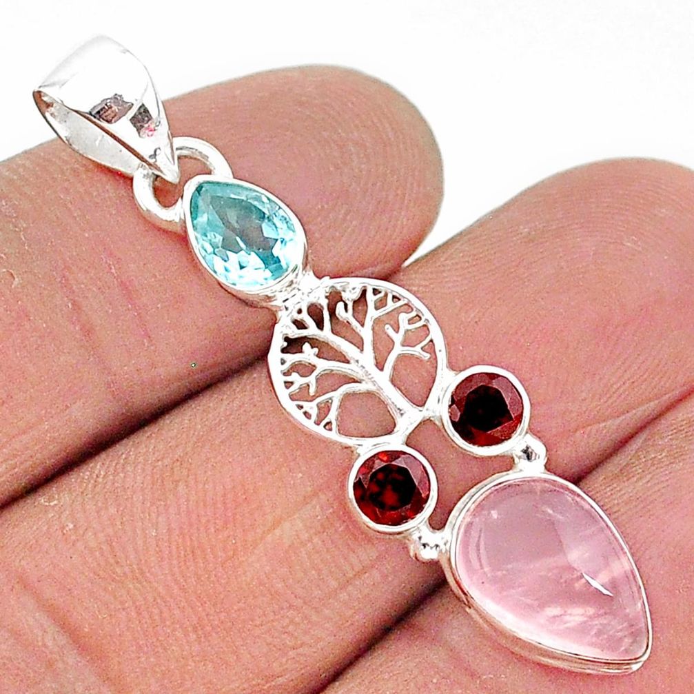 6.45cts natural pink rose quartz garnet 925 silver tree of life pendant r96378