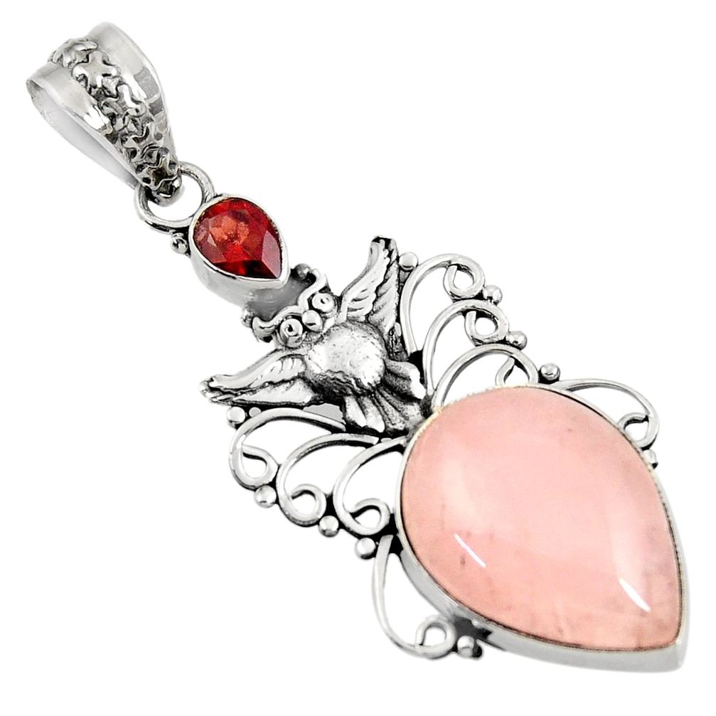  pink rose quartz garnet 925 sterling silver owl pendant d39416