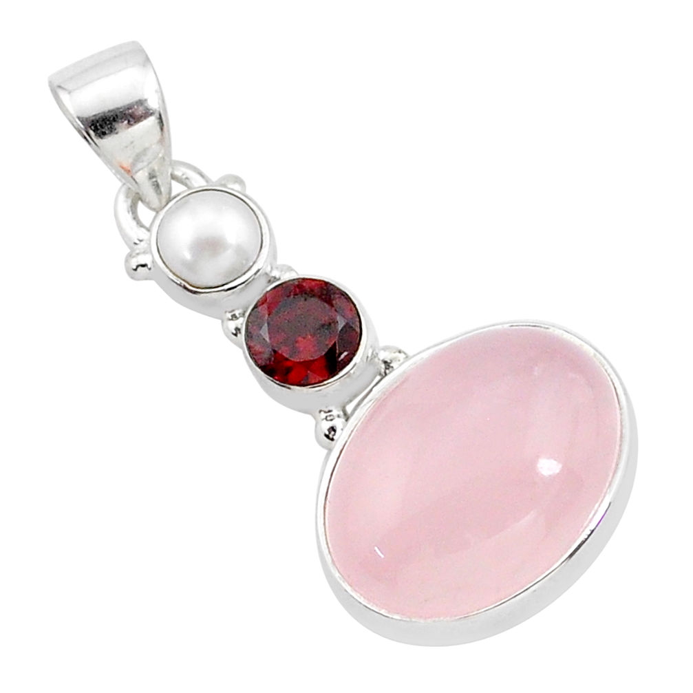 11.70cts natural pink rose quartz garnet pearl 925 silver pendant r96272