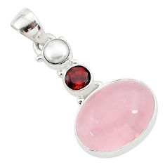 Clearance Sale- 12.10cts natural pink rose quartz garnet pearl 925 silver pendant r96276