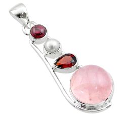 15.10cts natural pink rose quartz garnet pearl 925 silver pendant t64345