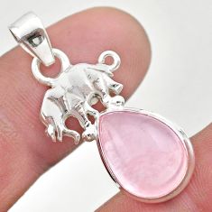 6.39cts natural pink rose quartz pear sterling silver elephant pendant t45985