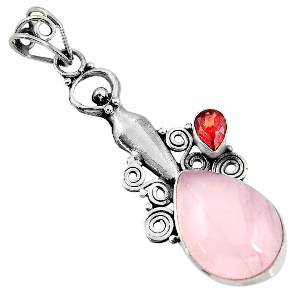  pink rose quartz red garnet 925 sterling silver pendant d39410