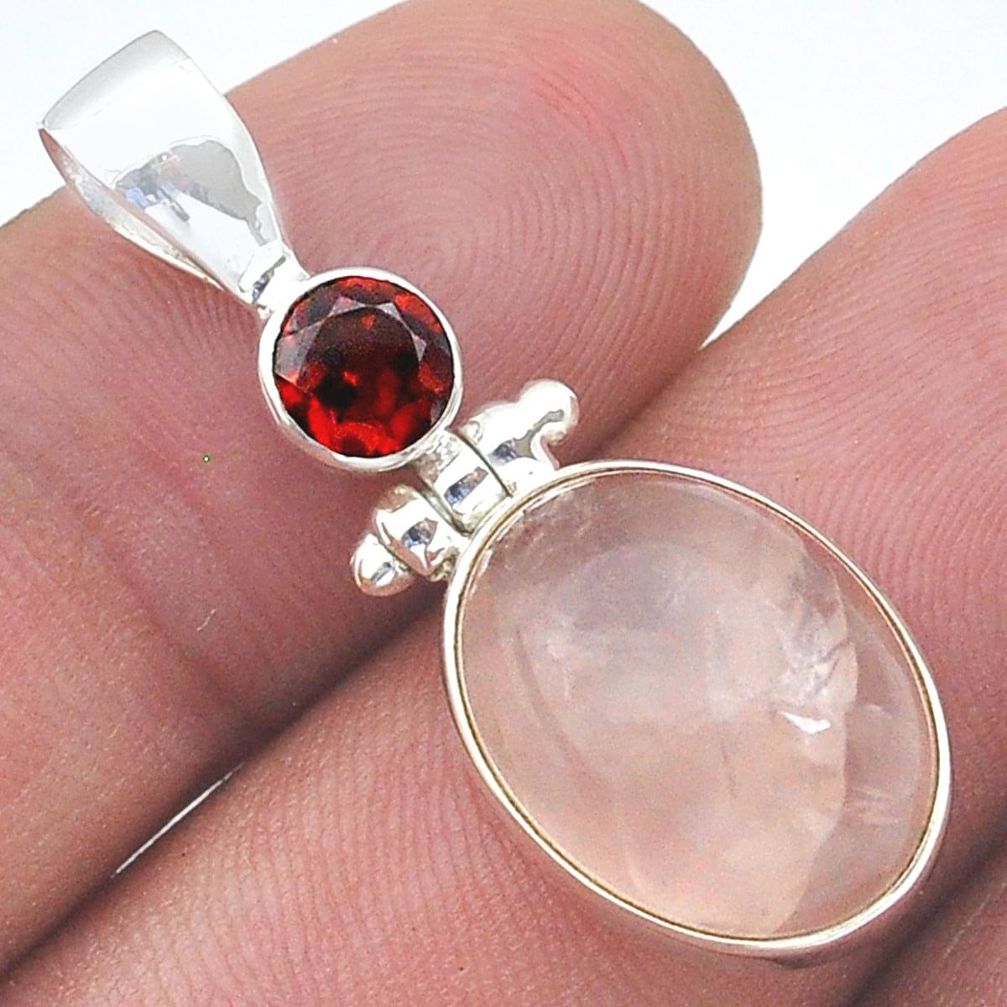 10.31cts natural pink rose quartz red garnet 925 sterling silver pendant u61505