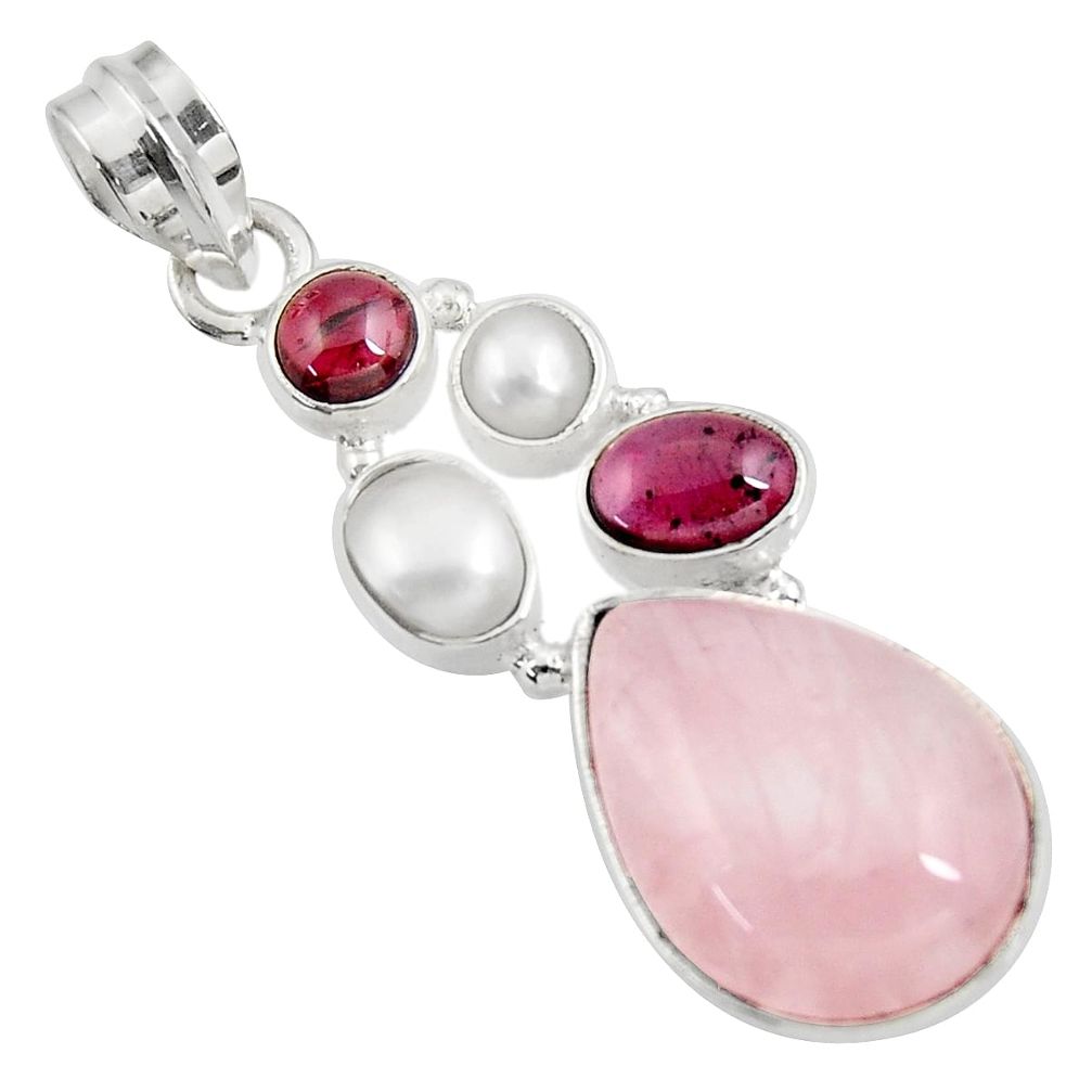  pink rose quartz red garnet pearl 925 silver pendant d39408