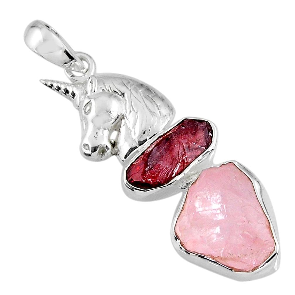 12.66cts natural pink rose quartz rough 925 silver horse charm pendant r57053
