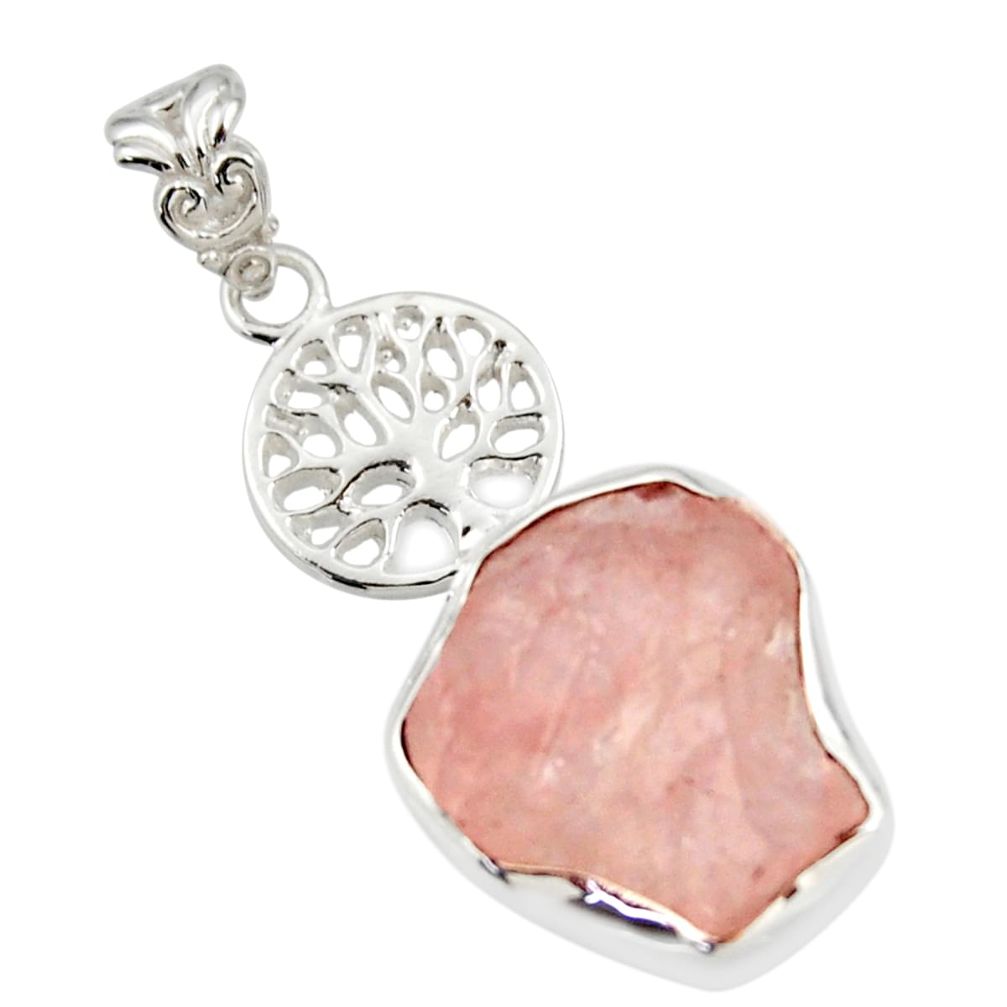 9.96cts natural pink rose quartz rough 925 silver tree of life pendant r31336