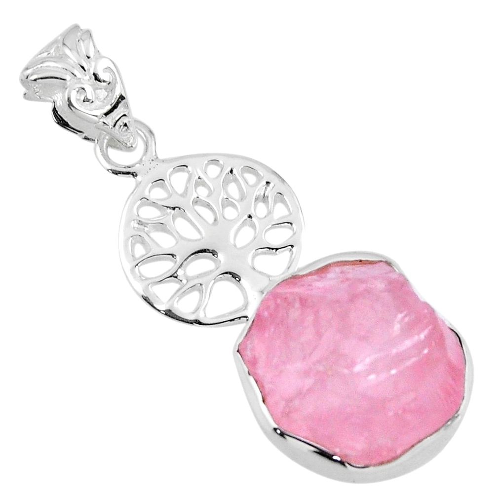 9.45cts natural pink rose quartz rough 925 silver tree of life pendant r56812
