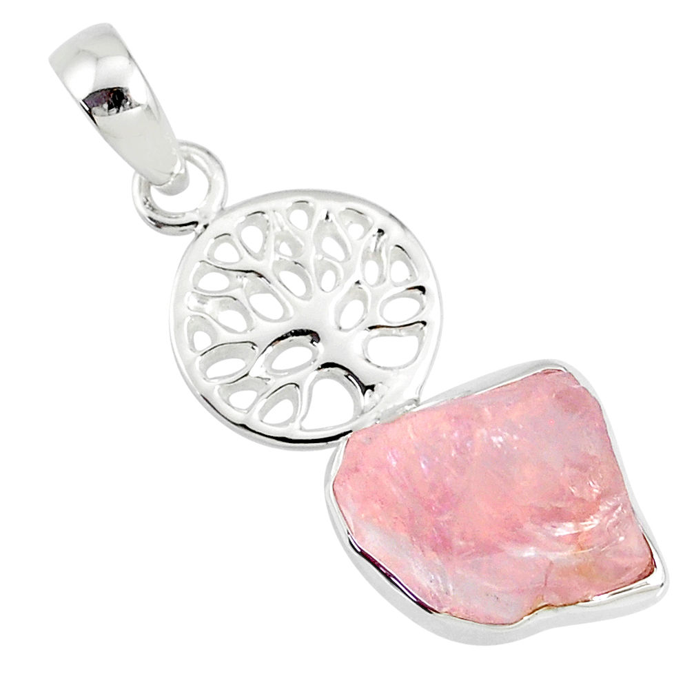 8.31cts natural pink rose quartz rough 925 silver tree of life pendant r81005