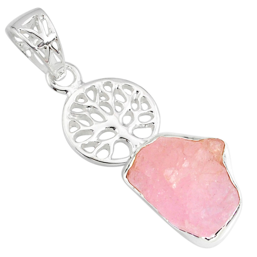 8.94cts natural pink rose quartz rough 925 silver tree of life pendant r81008